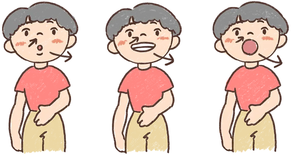 鼻から息を吸い込み、「スゥ」と歯の隙間から短く強い空気を出します。これを連続して２０回３セット行いましょう。